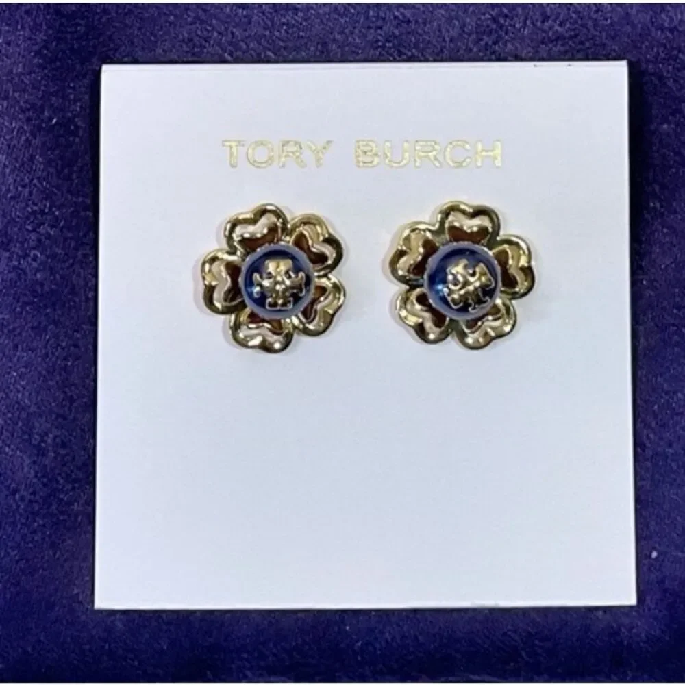 Tory Burch NEW 16k-gold plate blue faux pearl Katie Stud Earrings